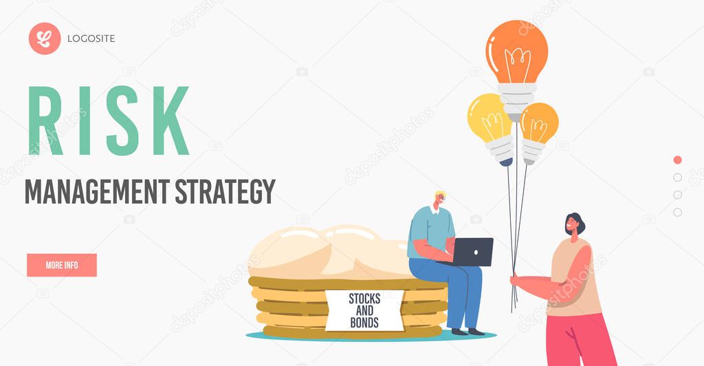 Diversification, Financial Risk Management Strategy Landing Page Template. Tiny Male Character with Laptop Sit on Basket