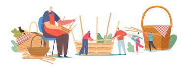 Sepet Dokuma Konsepti. Kıdemli Erkek Karakteri Wicker Pannier Farklı Doğal Malzemeler Söğüt, Bambu, Çim