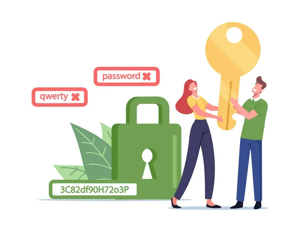 资料保障概念。持有巨大金钥匙的小男男女女在绿色挂锁附近，有很强的密码 — 图库矢量图片