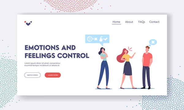 Šablona Emoce a Pocity Control Landing Page. Uvolněná mírumilovná žena Charakter Sledujte kolegy Quarrel — Stockový vektor