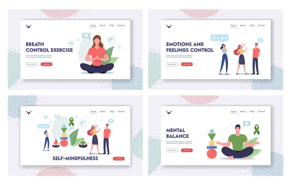 Self-mindfulness, Control Landing Page Template Set. Персонажи сохранить психический баланс избежать агрессии, стрессовой реакции — стоковый вектор