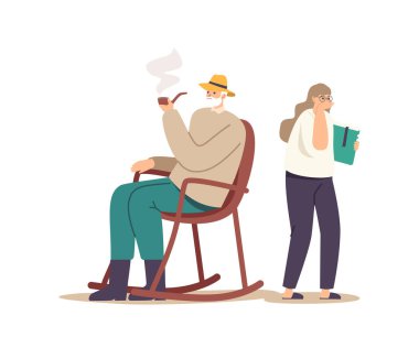 Rolling Armchair 'da oturan kıdemli karakter torunu görmezden gelerek tütünün tadını çıkar. Elleri Öksürük Kitabı Olan Kız