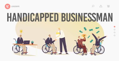 Disability Employment, Work for Disabled People Landing Page Template. Handicapped Businessman Characters on Wheelchair clipart