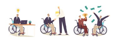 Engelliler için İş Bulma, Engelliler İçin Çalışma Konsepti. Tekerlekli sandalyedeki Engelli İşadamı Karakterleri