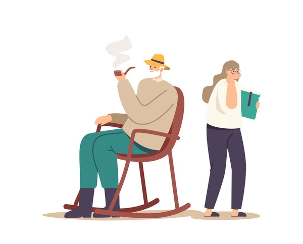 Personaje principal sentado en un sillón enrollable Disfrute del tabaco Ignorando a su nieta. Chica con libro de texto en manos tosiendo — Archivo Imágenes Vectoriales