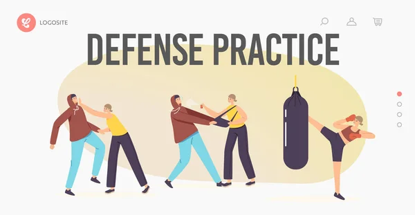 Mujer Self Defense Practice Landing Page Template. Entrenamiento de personajes femeninos con entrenador contra ataque de ladrón — Vector de stock