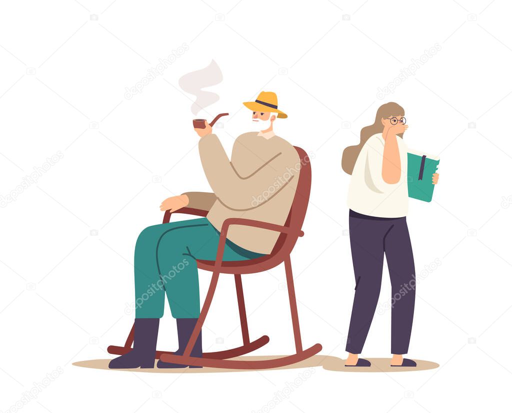 Senior Character Sitting in Rolling Armchair Enjoy Tobacco Ignoring Granddaughter. Girl with Textbook in Hands Coughing