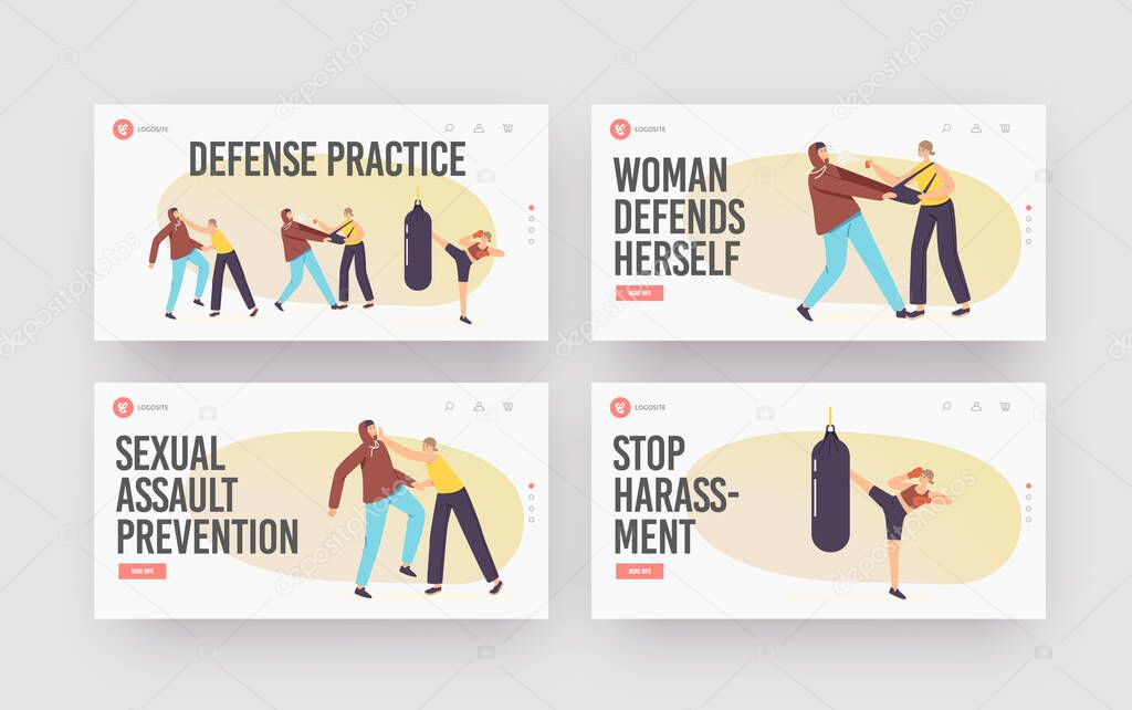 Women Self Defense Practice Landing Page Template Set. Female Characters Training with Coach Boxing Workout