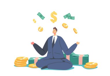 Wealth or Prosperity Concept. Rich Male Character Meditate near Piles of Golden Coins and Bills. Successful Businessman