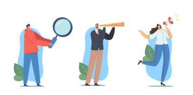 Set Hiring, Recruiting, Head Hunting Concept. Hr Agent Characters with Glass and Loudspeaker Search Employee Hire on Job