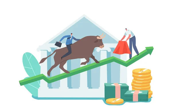 Trader Character Investment, Bourse haussière Trading. Torero homme d'affaires avec manteau rouge Tease Bull — Image vectorielle