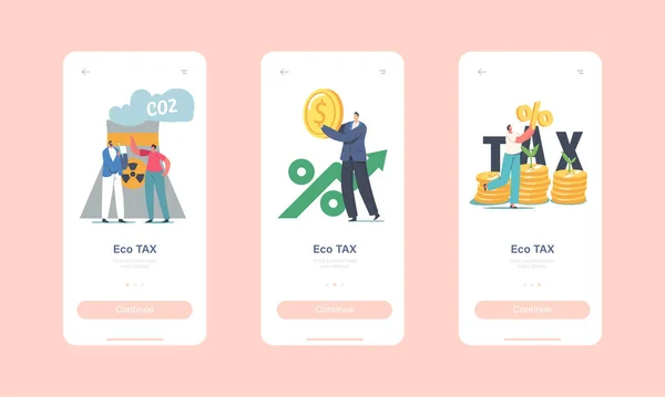 Green Co2 Tax Mobile App Page Képernyő Sablon. Apró karakterek a hatalmas érmék Piles csírák növekszik — Stock Vector