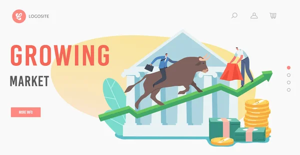 Growing Market Landing Page Template. Trader Character Investment, Bullish Stock Trading. Bullfighter with Red Cloak — Stok Vektör