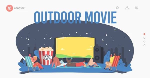 Characters Spend Night with Friends at Outdoor Movie Theater Landing Page Template. People Watching Film on Big Screen — Stockvector