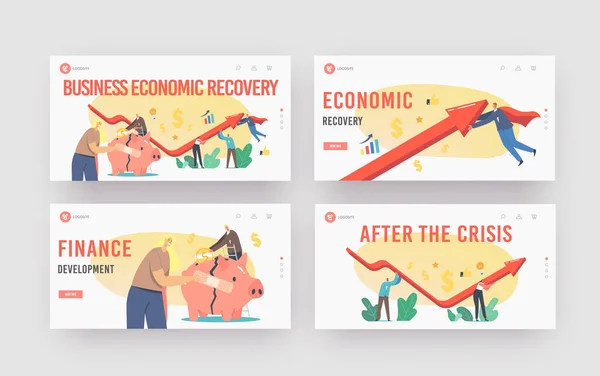 Economic Recovery Landing Page Template Set. Business People Characters Rising Arrow Try to Survive during Global Crisis — Stockový vektor