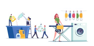 Yeniden Kullanılabilir Maskeler Bakım ve Geri Dönüşüm Konsepti. Yeniden Kullanım İçin Küçük Erkek ve Kadın Karakterleri Yıkama, Ütü ve Kurutma Maskeleri