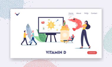 Sağlık İniş Sayfası Şablonu için Besleyici İlaveler. D vitamini kaynaklarını sunan küçük karakterler