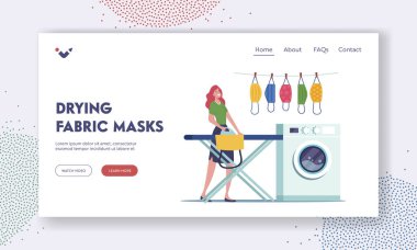 Enfeksiyon Önleme Sayfa Şablonu. Kadın Yıkama, Ütü ve Kurutma Yeniden Kullanılabilir Maskeleri