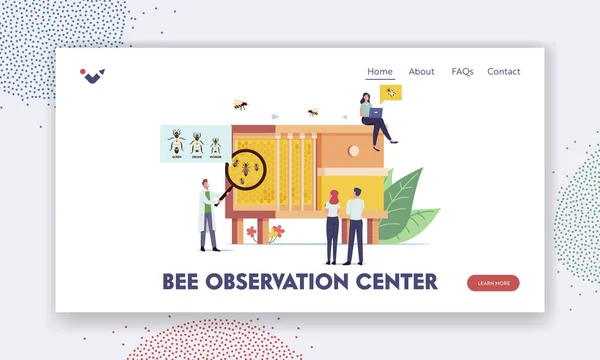 Bee Observation Center Landing Page Template. Tiny Scientists Learning Bees at Huge Beehive with Queen, Drone and Worker — Stock Vector