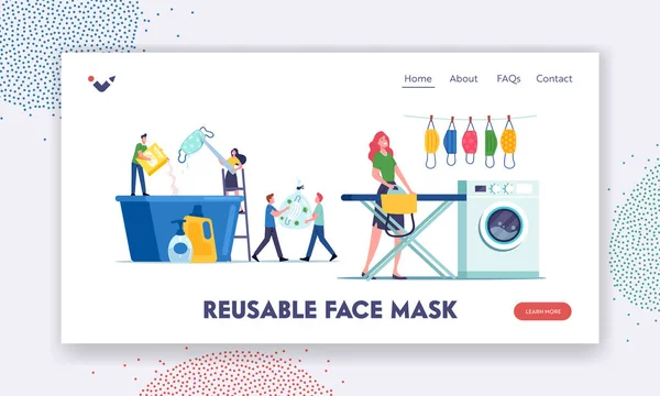 Wiederverwendbare Masken Pflege und Recycling Landing Page Template. Winzige Zeichen Waschen, Bügeln und Trocknen von Masken zur Wiederverwendung — Stockvektor