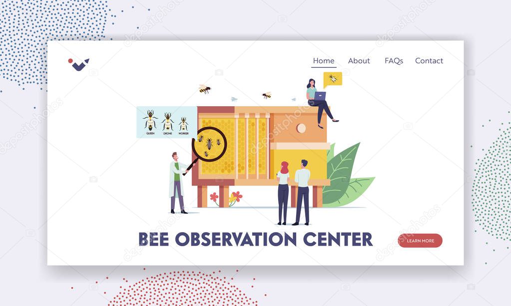 Bee Observation Center Landing Page Template. Tiny Scientists Learning Bees at Huge Beehive with Queen, Drone and Worker