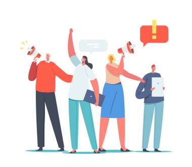 Çevrimiçi Dilekçeyi İmzalamak İçin Dijital Aygıtları Tutan Karakterler ve Megafon Çağrısı. Yasalara uyan Şehir Sakinleri Haklarını Uyguladı