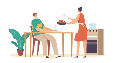 Eş, kocaya servis masası. Apron 'daki Kadın Ev Kadını Masaya Kızarmış Tavuk veya Türkiye Koydu, Aç Adam Yemek Bekliyor