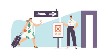 Biletli Endişeli Kadın Turist Karakteri ve Havaalanındaki Kapalı Kapılara Geç Kalan Bavullar