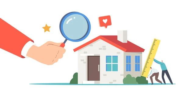 Agentes imobiliários minúsculos com régua enorme que faz a inspeção da casa. Avaliação Imobiliário, Home Avaliação Profissional —  Vetores de Stock
