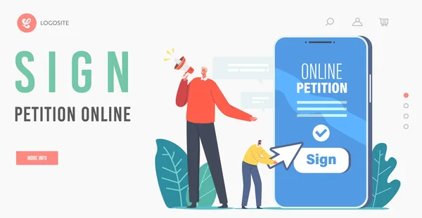 Signez le modèle de page d'atterrissage de pétition en ligne. Signature du document. Agitateur minuscule à Énorme Smartphone crier au mégaphone — Image vectorielle