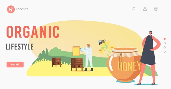 Modelo de landing page. Farmer Producing Eco Product on Beekeeping Farm (em inglês). Caráter Extraindo colza Canola Honey — Vetor de Stock