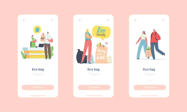 사람들은 재사용 가능 한 Eco Bags 및 Packaging Mobile App Page Onboard Screen Template 와 함께 숍을 방문한다. 생태학적 포장 — 스톡 벡터