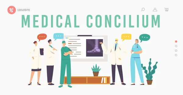 Tıbbi Uzlaşma İniş Sayfa Şablonu. Hasta Bacağı Kırık Doktorlar Ekranda, Klinik Personeli Buluşması — Stok Vektör