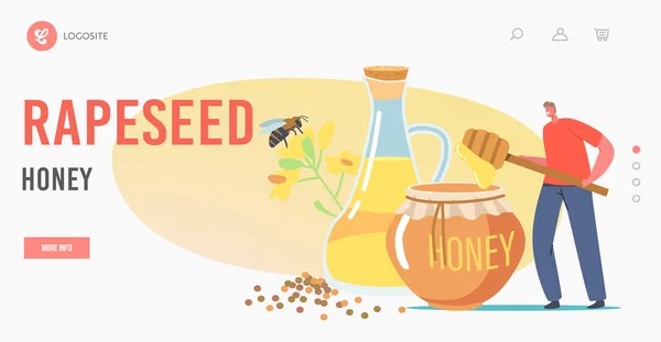 Plantilla de Landing Page de alimentos naturales orgánicos. Tiny Beekeeper Character Hold Enorme Osa con miel de colza y aceite de canola — Archivo Imágenes Vectoriales