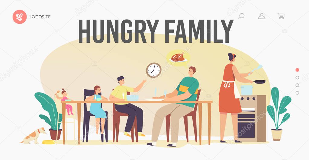 Mother Cooking for Hungry Family Landing Page Template. Father and Kids Sitting Around Table Waiting Food