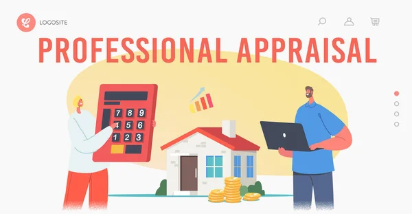 Home Professional Appraisal Landing Page Template. Drobné odhadci Agenti Charakteristiky drží obrovskou kalkulačku a notebook — Stockový vektor