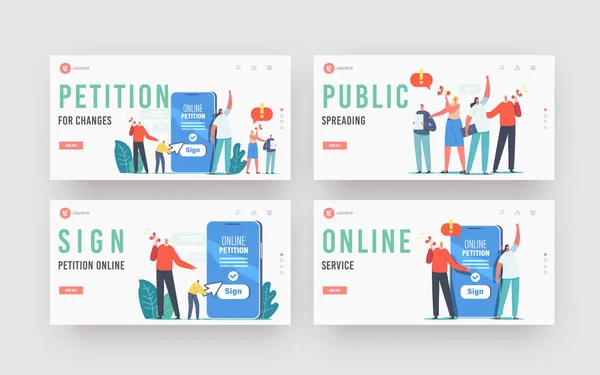 Collective Public Appeal Service Landing Page Template Set. Tiny Characters near Huge Smartphone Yell to Megaphone — Stock Vector