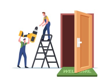 Carpenters, Repairmen Stand on Ladder with Drill Tool Repairing Doors. Master Male Characters Repair or Set Up Doorway clipart