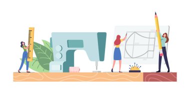 Coronavirus salgını sırasında Evde Büyük Makinede Maske Diken Küçük Kadın Karakterler. El yapımı Yüz Maskesi