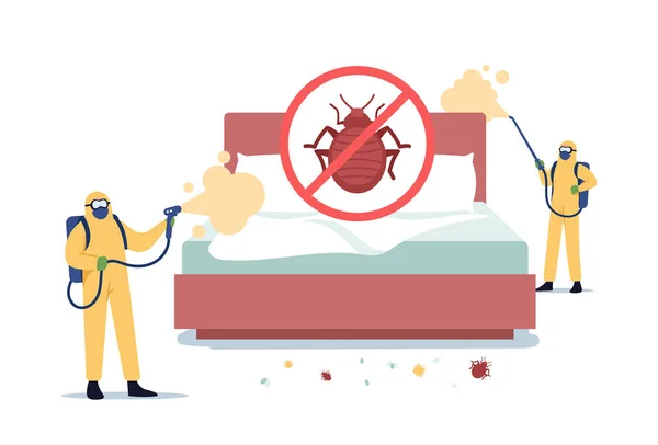 Bedbugs Extermination Professional Service. Pest Control Exterminators Doing Room Disinsection against Bed Bugs — Stock Vector