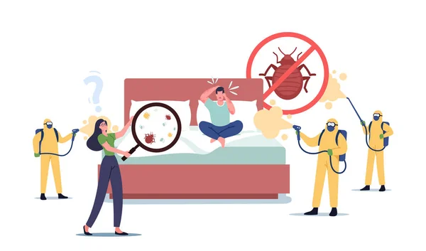 Karakterek szenvednek ágyi hibákat, Hívás a professzionális Pest Control Service. Az öltönyös rovarirtók mérgező folyadékot permeteznek. — Stock Vector