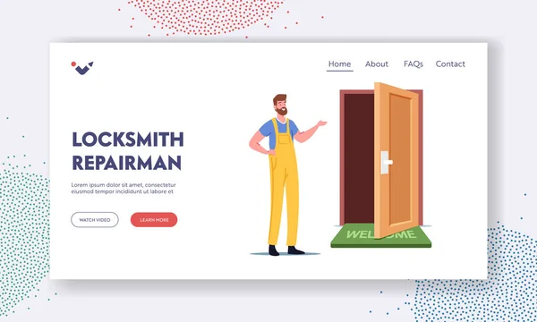 Serralheiro Reparador Landing Page Template. Serviço de Reparação de Construção, Call Master Personagem Masculino Apresentando Porta —  Vetores de Stock