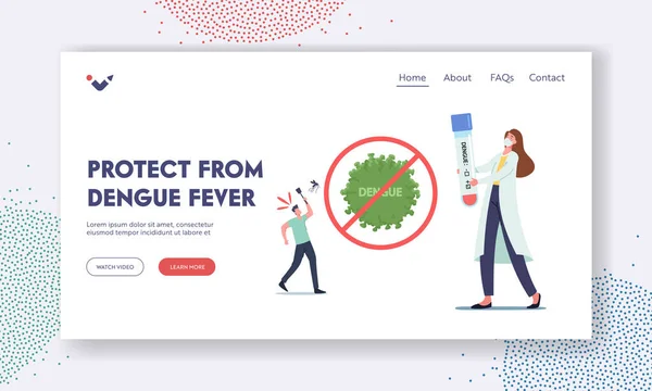 Lindungi dari Dengue Fever Landing Page Template. Tiny Doctor Female Character Hold Huge Test Tube with Positive Result - Stok Vektor
