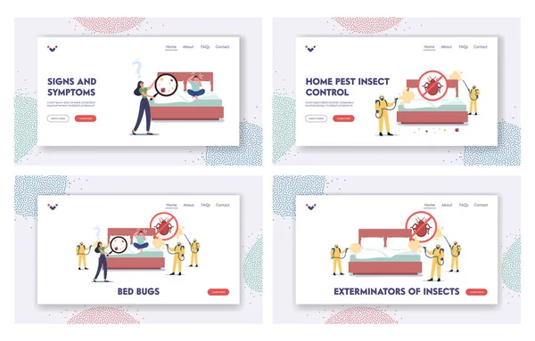 Charaktere leiden unter Bettwanzen Landing Page Template Set. Professionelle Schädlingsbekämpfer in Gefahrenanzügen — Stockvektor