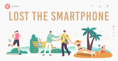 People Lose their Gadgets Landing Page Template. Characters Lost Laptops, Phones and Tablets on Street during Jogging