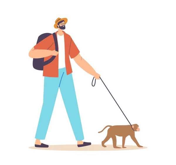 Hombre personaje caminando con mono con correa. Viajero o turista con mochila y mono mascota aislado sobre fondo blanco — Vector de stock