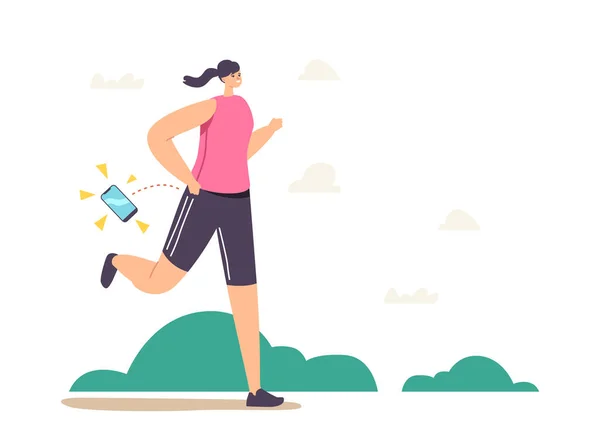 Personaje Femenino Pierde Smartphone durante el Ejercicio de Jogging en Park. Deportiva en ropa deportiva ignorar la caída del teléfono móvil — Vector de stock