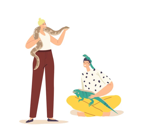 People Care of Tropical Animals Concept. Characters with Exotic Pets Lizard and Snake. Human and Wild Creatures — Stockvector