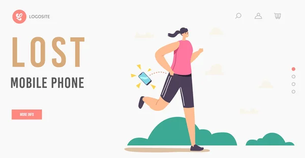 Female Character Lose Smartphone during Jogging Exercise in Park Landing Page Template. Sportswoman Ignore Mobile Phone — Vettoriale Stock