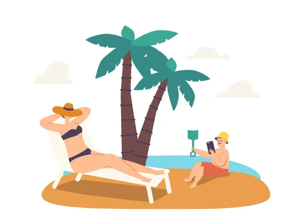 Female Character Lost Phone Concept. Relaxed Woman Tanning on Chaise Longue while her Little Child Play with Smartphone — Image vectorielle